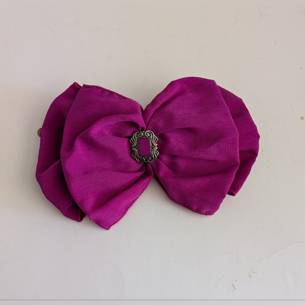 Riviera Oversized Ruffle Fuchsia Bow Hair Clip with Charm Decorative Center